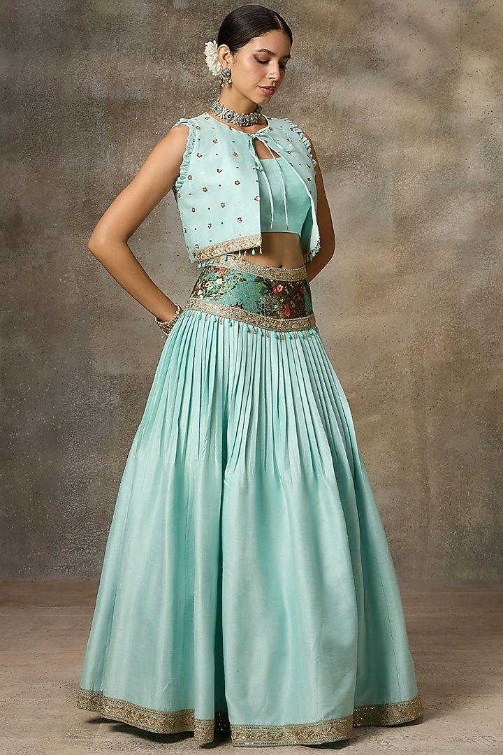 Sky Blue Silk Hand Embroidered Lehenga Set by Rivaar by rocky star at Pernia's Pop Up Shop