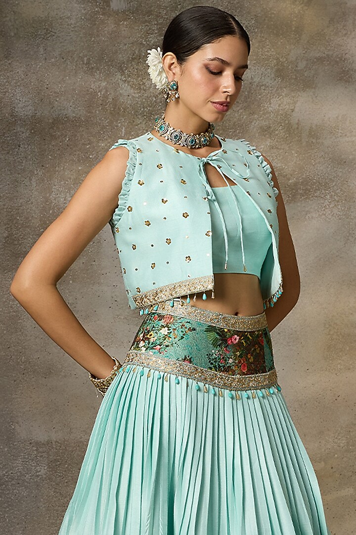 Sky Blue Silk Hand Embroidered Lehenga Set by Rivaar by rocky star at Pernia's Pop Up Shop