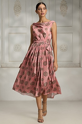 Pink Crepe Printed Dress by Rivaar by rocky star