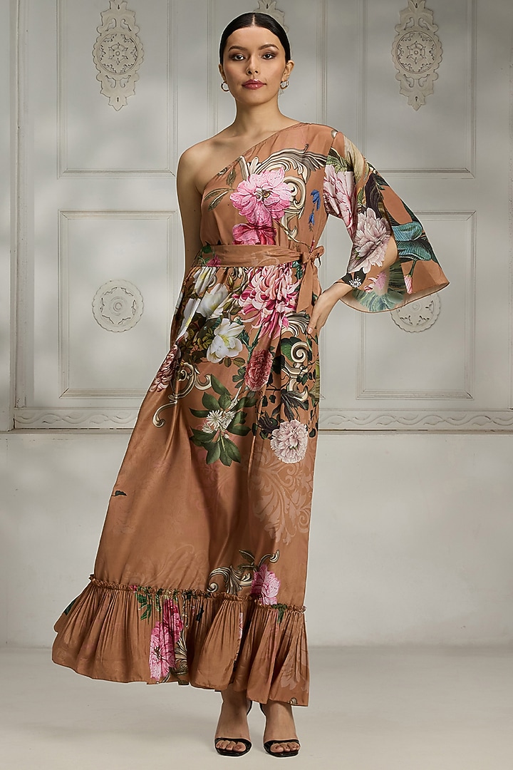 Rust Crepe Floral Printed One-Shoulder Summer Dress by Rivaar by rocky star at Pernia's Pop Up Shop