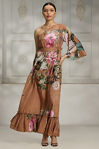 Rust Crepe Floral Printed One-Shoulder Dress by Rivaar by rocky star