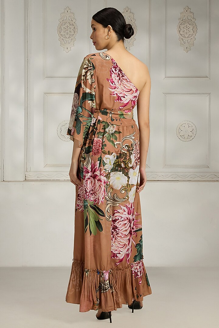 Rust Crepe Floral Printed One-Shoulder Summer Dress by Rivaar by rocky star at Pernia's Pop Up Shop