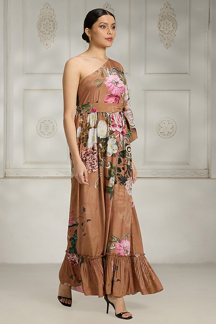 Rust Crepe Floral Printed One-Shoulder Summer Dress by Rivaar by rocky star at Pernia's Pop Up Shop