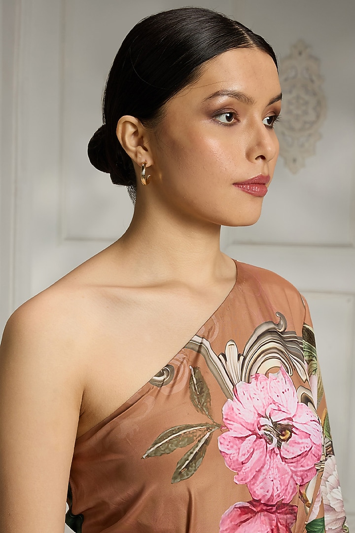 Rust Crepe Floral Printed One-Shoulder Summer Dress by Rivaar by rocky star at Pernia's Pop Up Shop