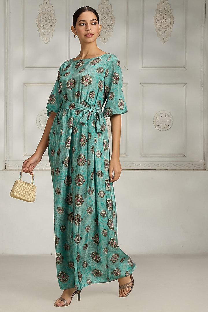 Blue Crepe Floral Printed Summer Dress by Rivaar by rocky star at Pernia's Pop Up Shop