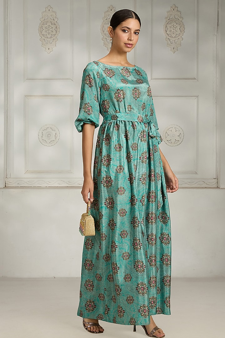 Blue Crepe Floral Printed Summer Dress by Rivaar by rocky star at Pernia's Pop Up Shop