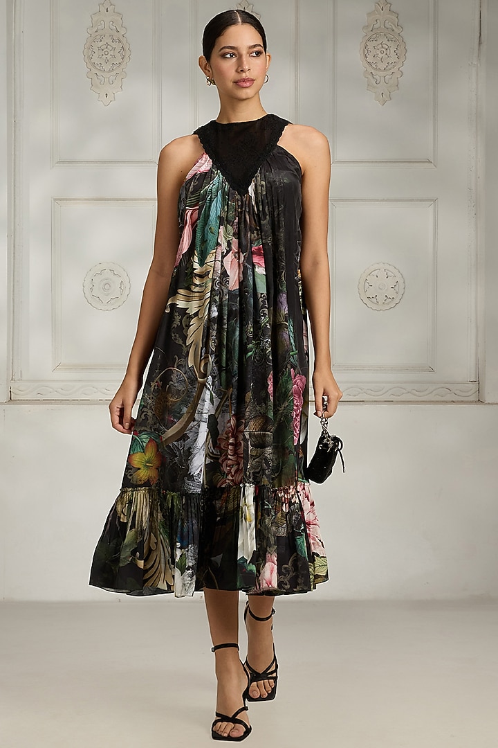 Black Crepe Printed Ankle-Length Summer Dress by Rivaar by rocky star at Pernia's Pop Up Shop