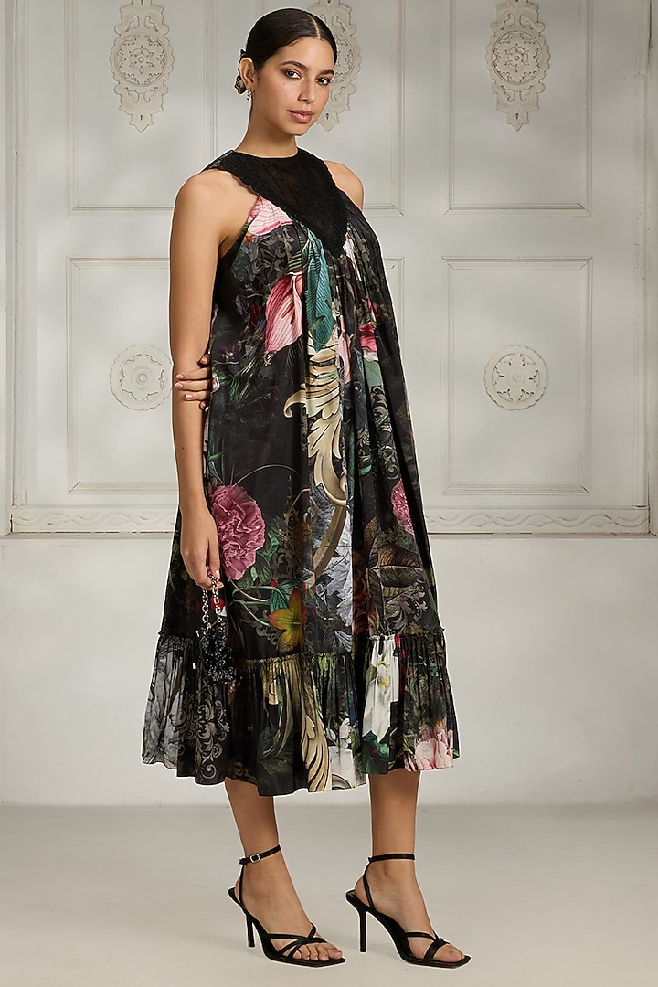 Black Crepe Printed Ankle-Length Summer Dress by Rivaar by rocky star at Pernia's Pop Up Shop