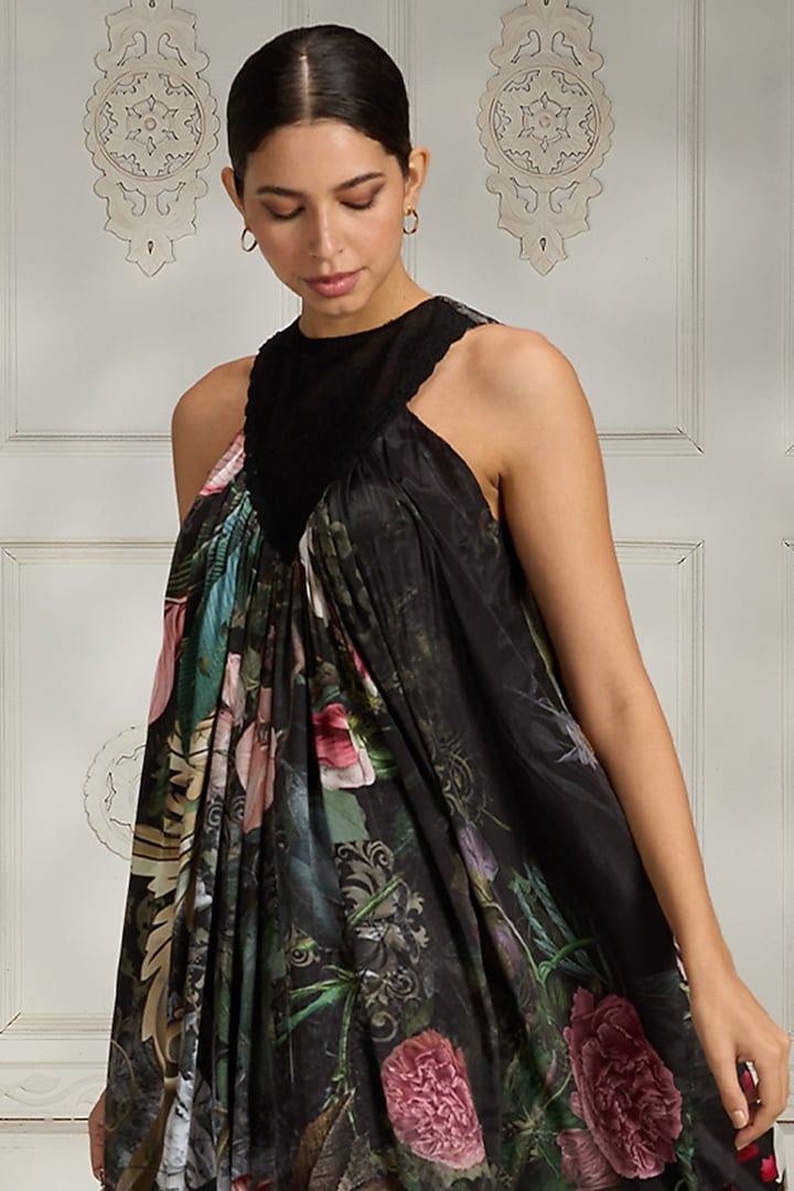 Black Crepe Printed Ankle-Length Summer Dress by Rivaar by rocky star at Pernia's Pop Up Shop