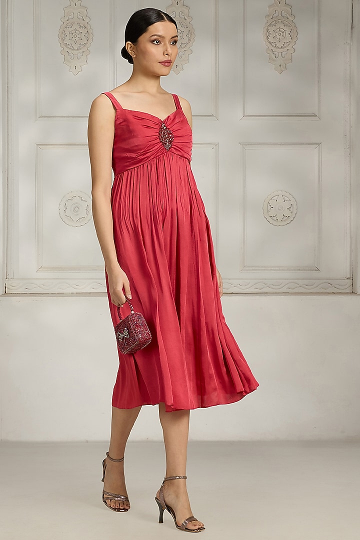 Red Satin Embellished Strappy Summer Dress by Rivaar by rocky star at Pernia's Pop Up Shop