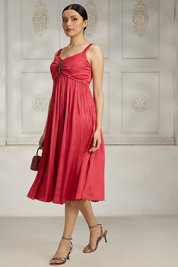 Red Satin Embellished Strappy Summer Dress by Rivaar by rocky star at Pernia's Pop Up Shop