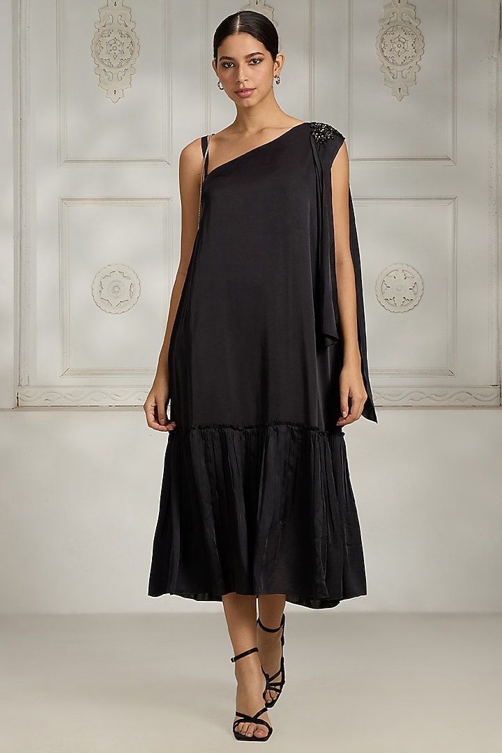 Black Satin Embellished Summer Dress by Rivaar by rocky star at Pernia's Pop Up Shop