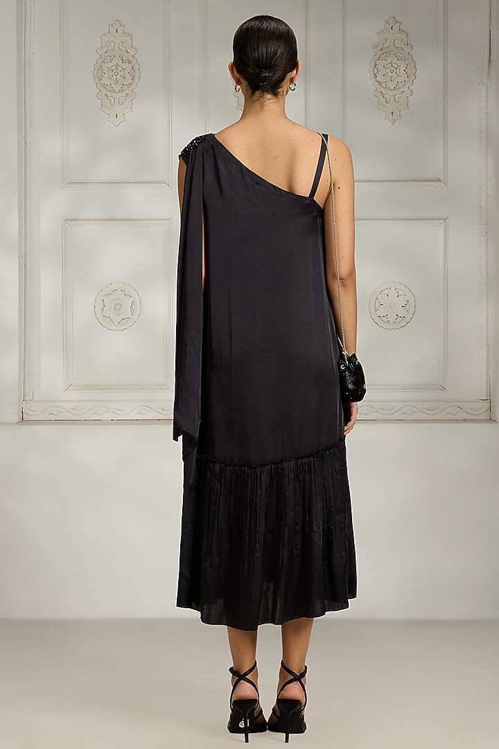 Black Satin Embellished Summer Dress by Rivaar by rocky star at Pernia's Pop Up Shop