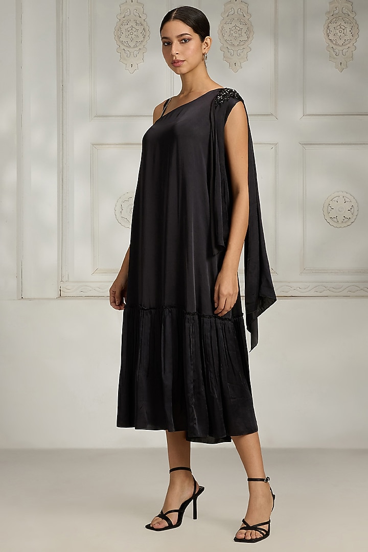 Black Satin Embellished Summer Dress by Rivaar by rocky star at Pernia's Pop Up Shop