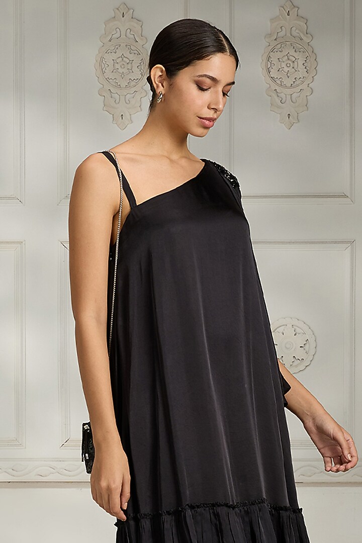 Black Satin Embellished Summer Dress by Rivaar by rocky star at Pernia's Pop Up Shop