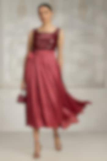 Maroon Satin Sequins Embellished Summer Dress by Rivaar by rocky star at Pernia's Pop Up Shop