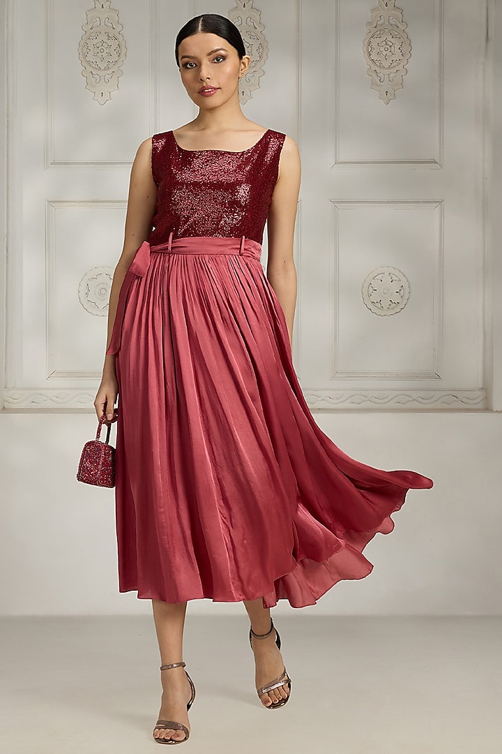 Maroon Satin Sequins Embellished Summer Dress by Rivaar by rocky star at Pernia's Pop Up Shop