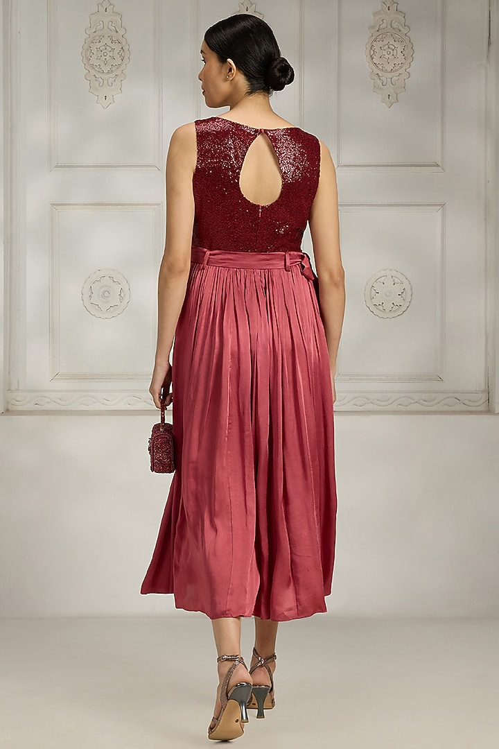 Maroon Satin Sequins Embellished Summer Dress by Rivaar by rocky star at Pernia's Pop Up Shop