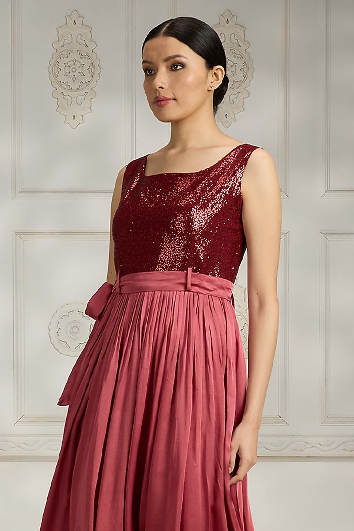 Maroon Satin Sequins Embellished Summer Dress by Rivaar by rocky star at Pernia's Pop Up Shop