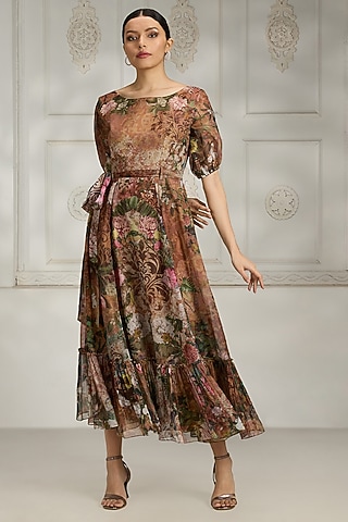 Rust Organza Printed Dress by Rivaar by rocky star