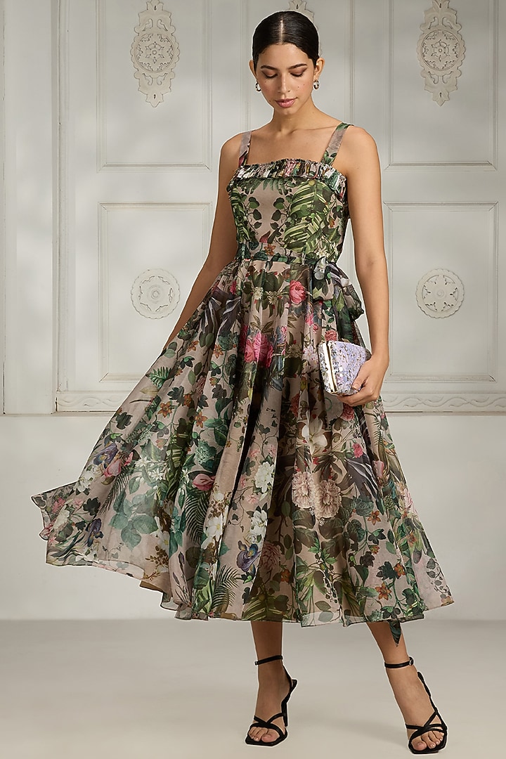 Beige Organza Printed Summer Dress by Rivaar by rocky star at Pernia's Pop Up Shop