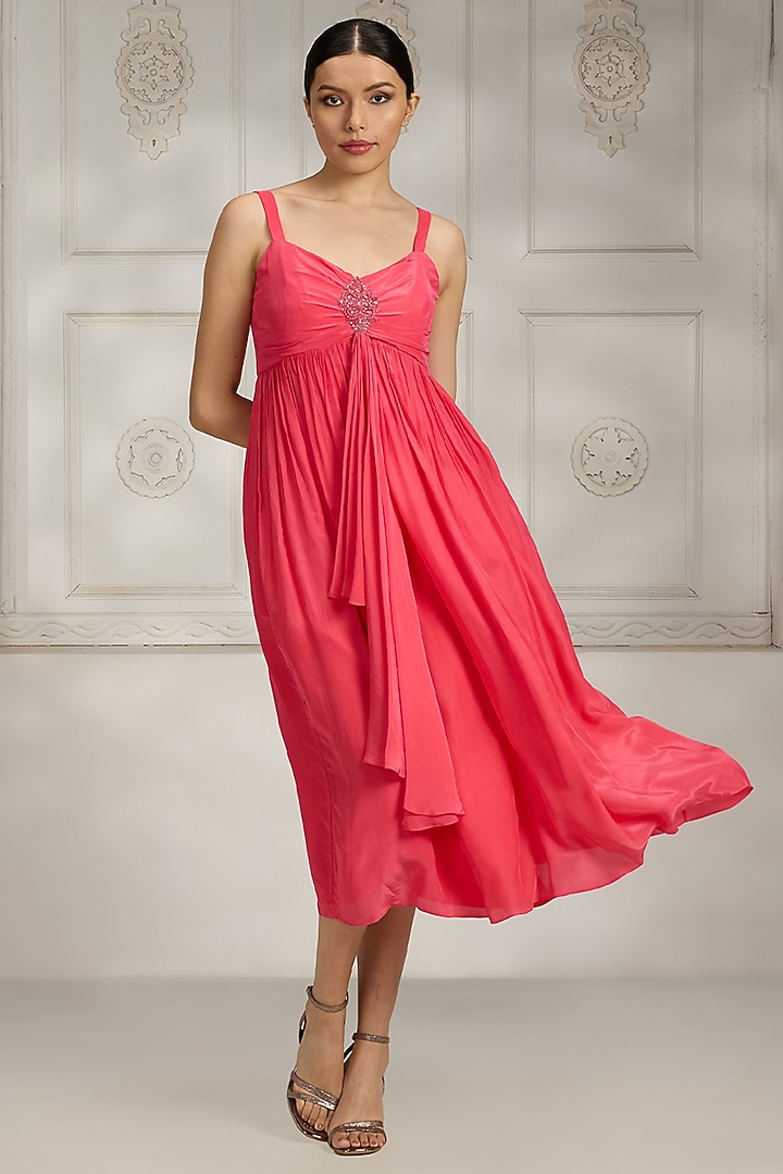 Fushia Pink Crepe Embellished Summer Dress by Rivaar by rocky star at Pernia's Pop Up Shop
