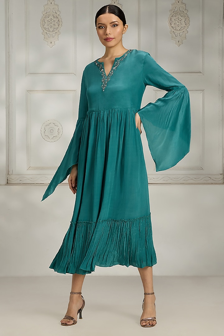 Teal Crepe Embellished Summer Dress by Rivaar by rocky star at Pernia's Pop Up Shop