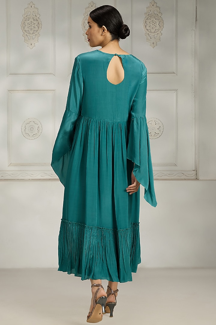 Teal Crepe Embellished Summer Dress by Rivaar by rocky star at Pernia's Pop Up Shop