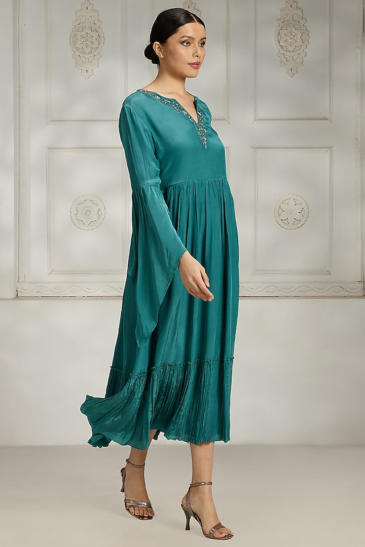 Teal Crepe Embellished Summer Dress by Rivaar by rocky star at Pernia's Pop Up Shop