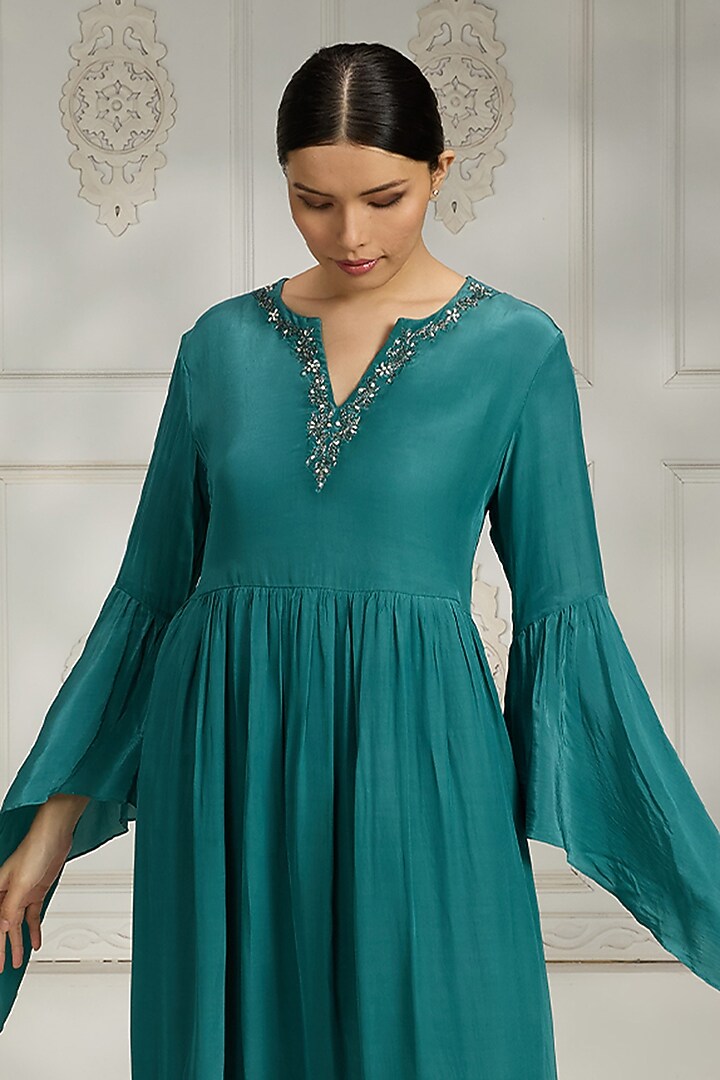 Teal Crepe Embellished Summer Dress by Rivaar by rocky star at Pernia's Pop Up Shop