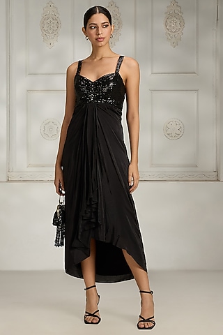 Black Crepe Embellished Dress by Rivaar by rocky star