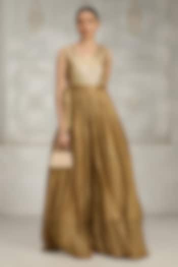 Gold Silk Sequins Embroidered Party Wear Gown by Rivaar by rocky star at Pernia's Pop Up Shop