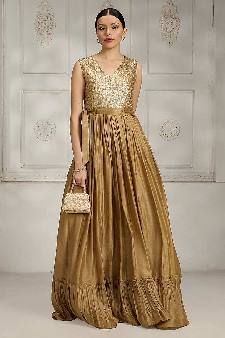 Gold Silk Sequins Embroidered Party Wear Gown by Rivaar by rocky star at Pernia's Pop Up Shop