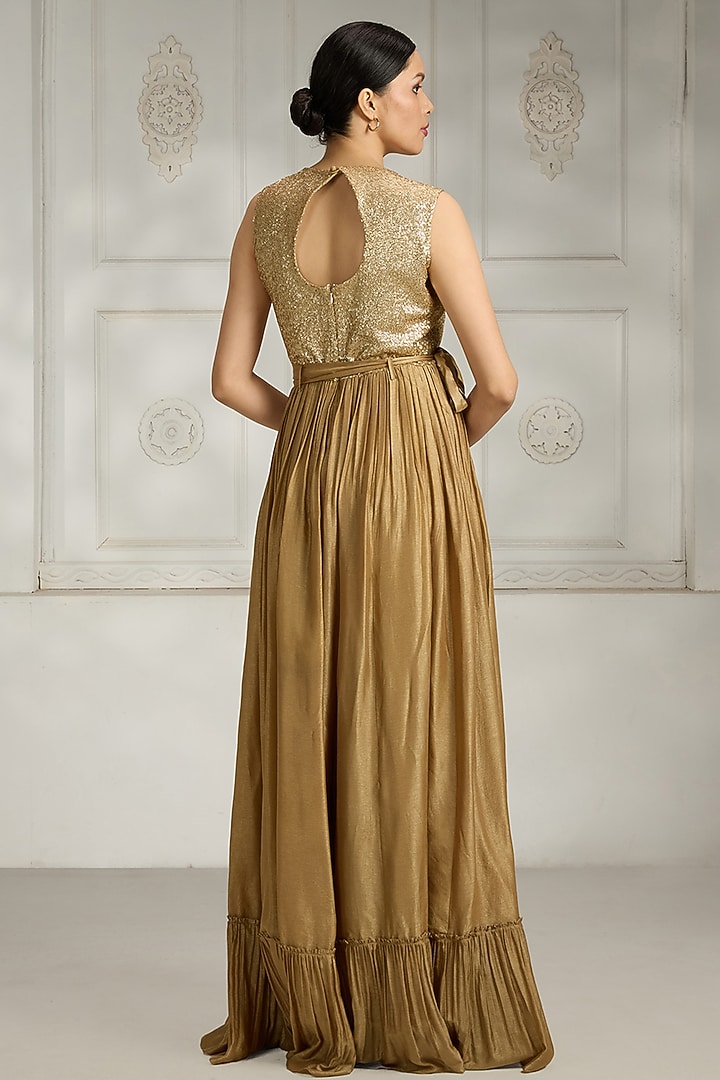 Gold Silk Sequins Embroidered Party Wear Gown by Rivaar by rocky star at Pernia's Pop Up Shop