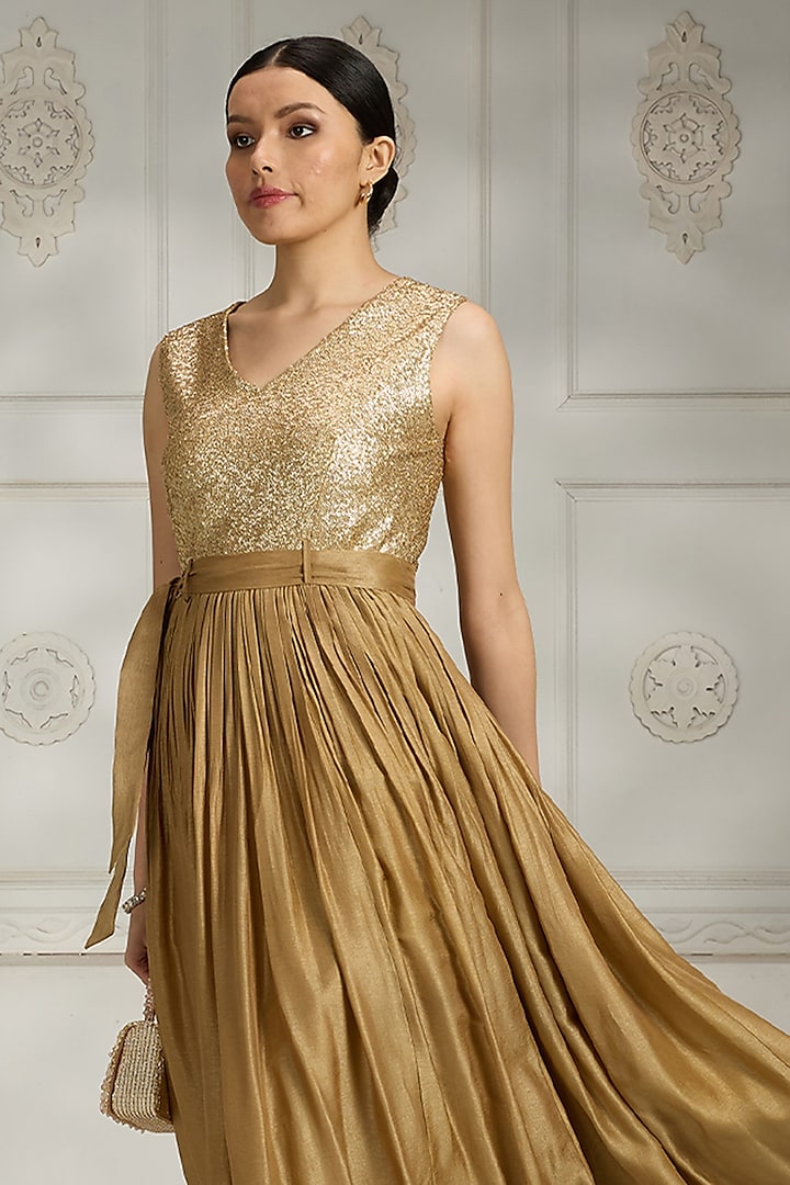 Gold Silk Sequins Embroidered Party Wear Gown by Rivaar by rocky star at Pernia's Pop Up Shop