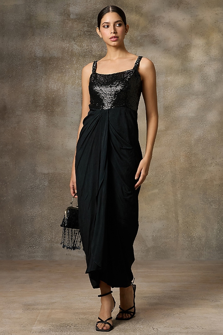 Black Silk Embroidered Party Wear Gown by Rivaar by rocky star at Pernia's Pop Up Shop