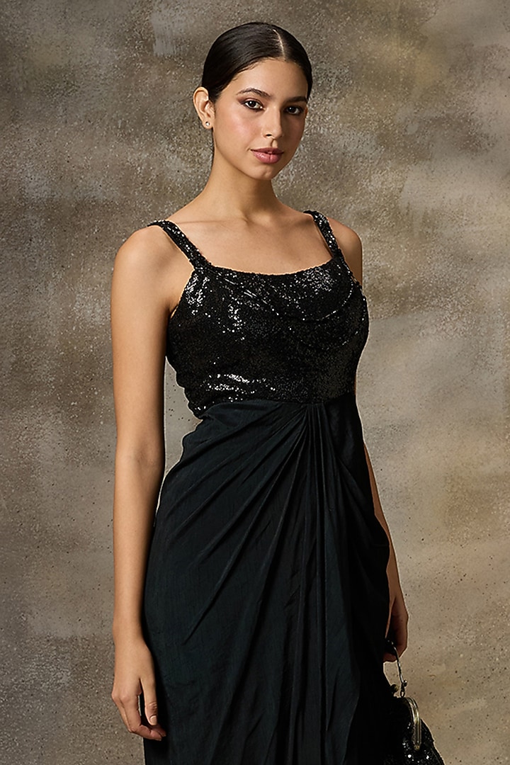 Black Silk Embroidered Party Wear Gown by Rivaar by rocky star at Pernia's Pop Up Shop