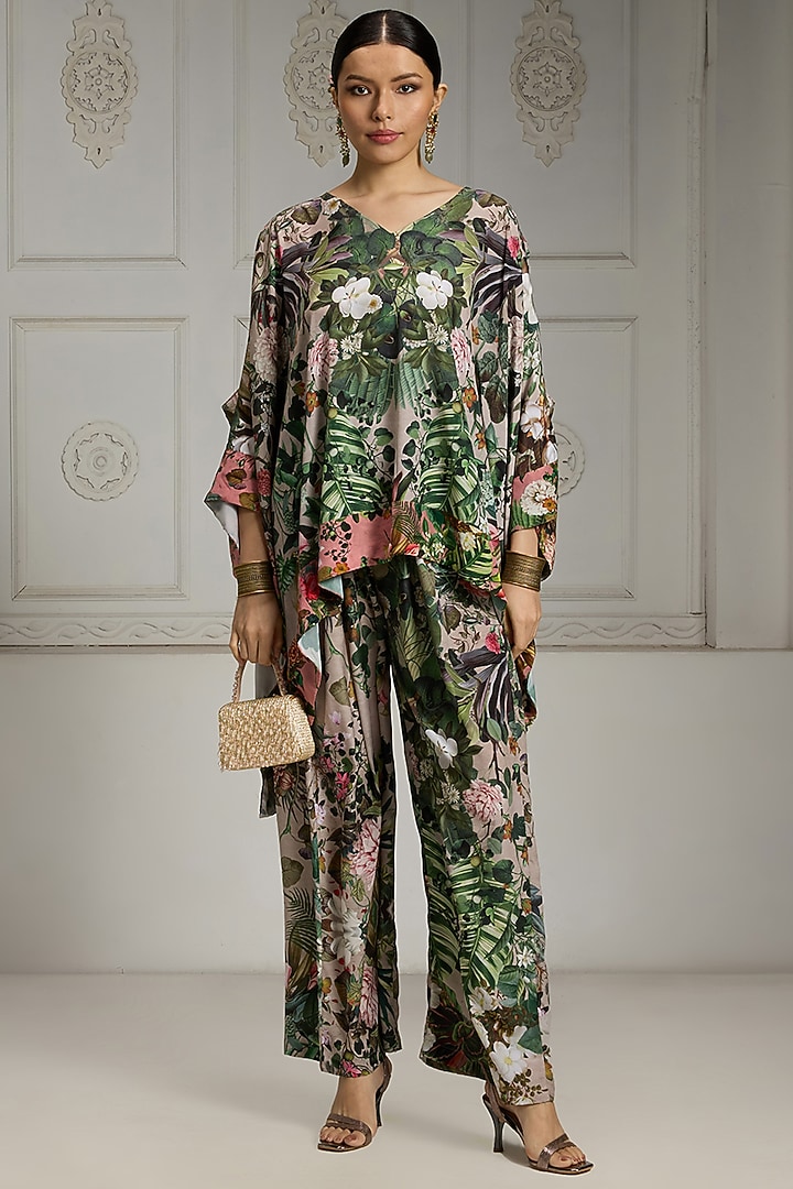 Beige Crepe Botanical Printed Tunic Set by Rivaar by rocky star at Pernia's Pop Up Shop