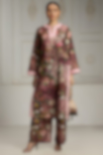 Maroon Crepe Floral Printed Tunic Set by Rivaar by rocky star at Pernia's Pop Up Shop