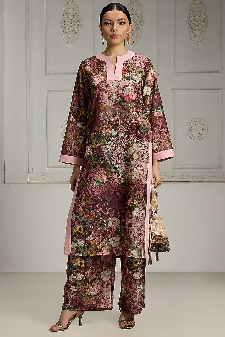 Maroon Crepe Floral Printed Tunic Set by Rivaar by rocky star at Pernia's Pop Up Shop