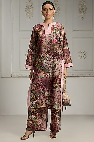 Maroon Crepe Floral Printed Tunic Set by Rivaar by rocky star