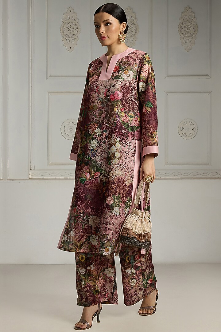 Maroon Crepe Floral Printed Tunic Set by Rivaar by rocky star at Pernia's Pop Up Shop