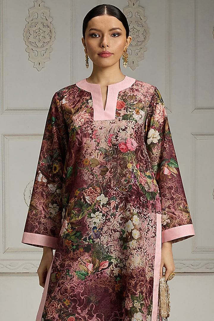 Maroon Crepe Floral Printed Tunic Set by Rivaar by rocky star at Pernia's Pop Up Shop