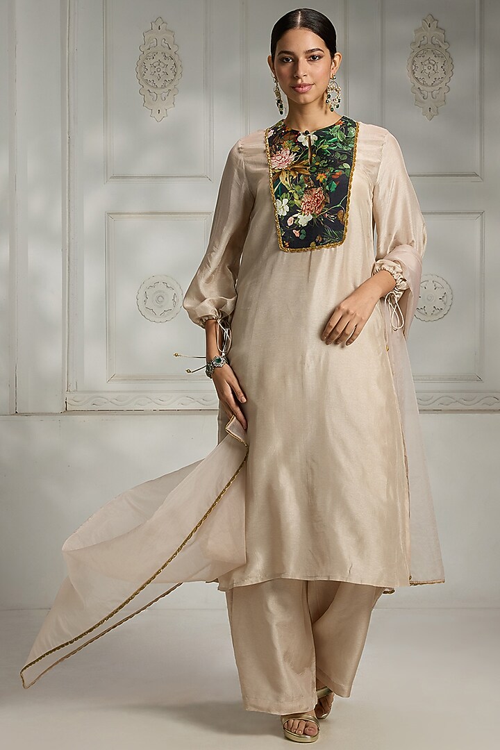 Ivory Silk Floral Printed Tunic Set by Rivaar by rocky star at Pernia's Pop Up Shop