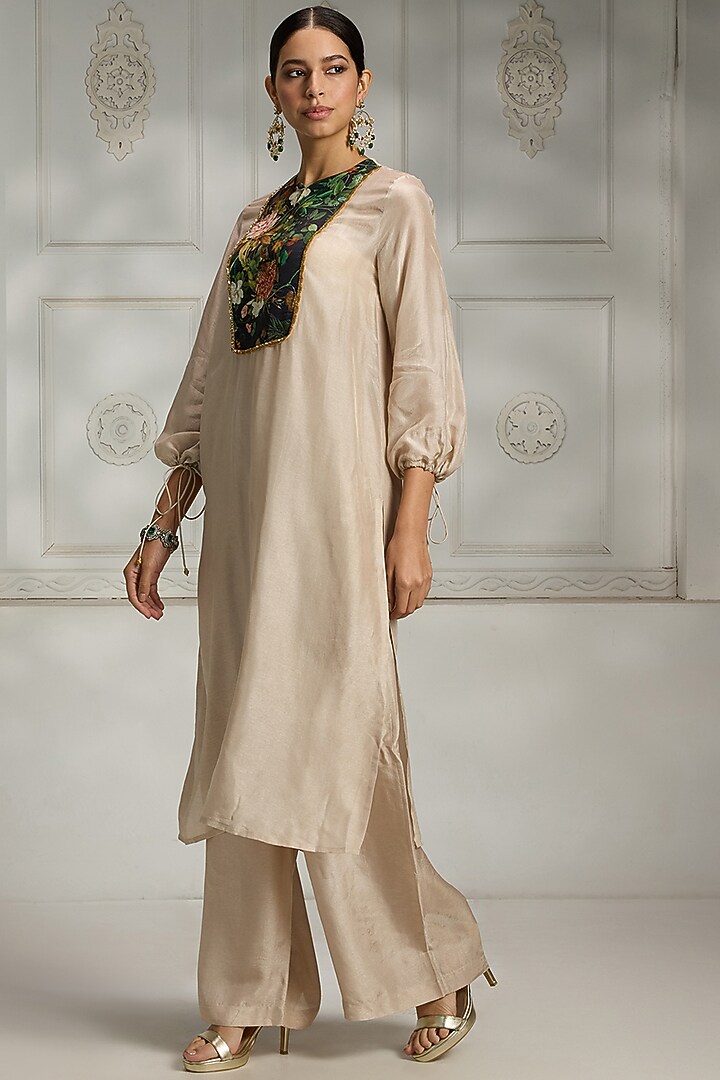 Ivory Silk Floral Printed Tunic Set by Rivaar by rocky star at Pernia's Pop Up Shop