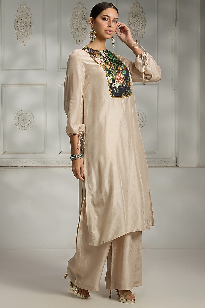 Ivory Silk Floral Printed Tunic Set by Rivaar by rocky star at Pernia's Pop Up Shop