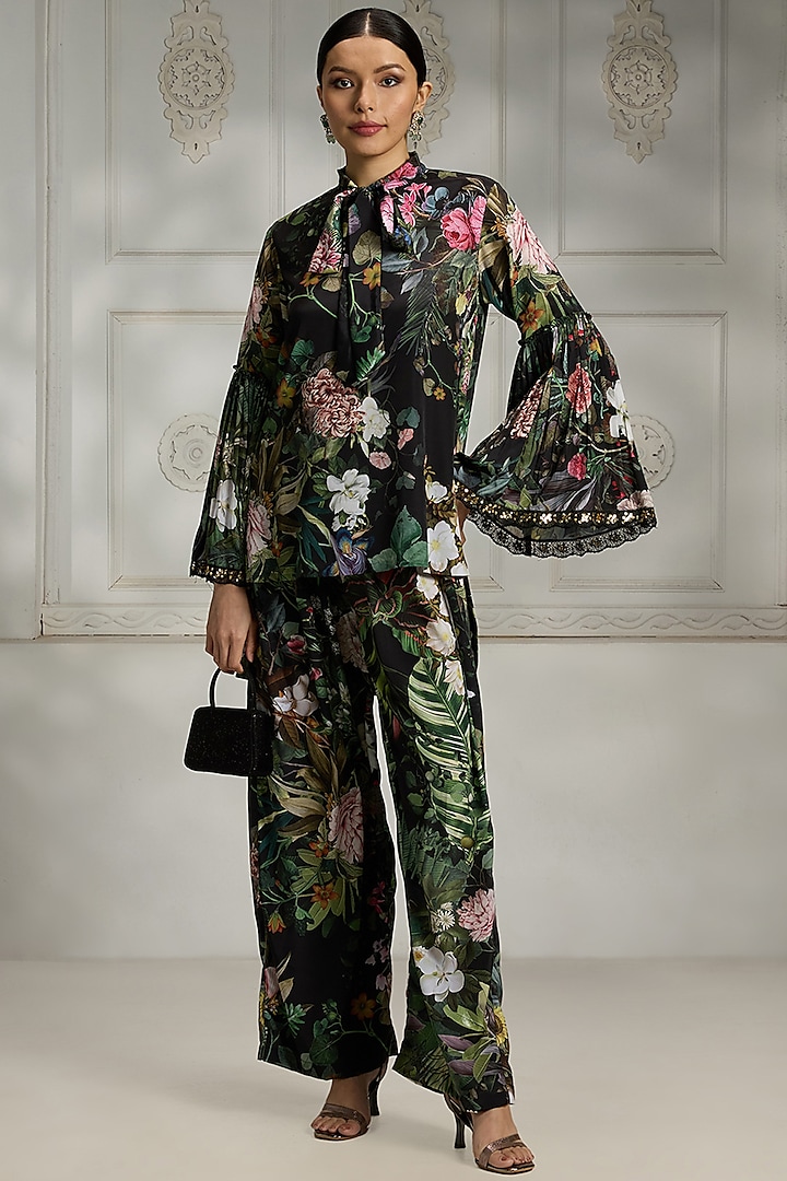 Black Crepe Botanical Printed Tunic Set by Rivaar by rocky star at Pernia's Pop Up Shop