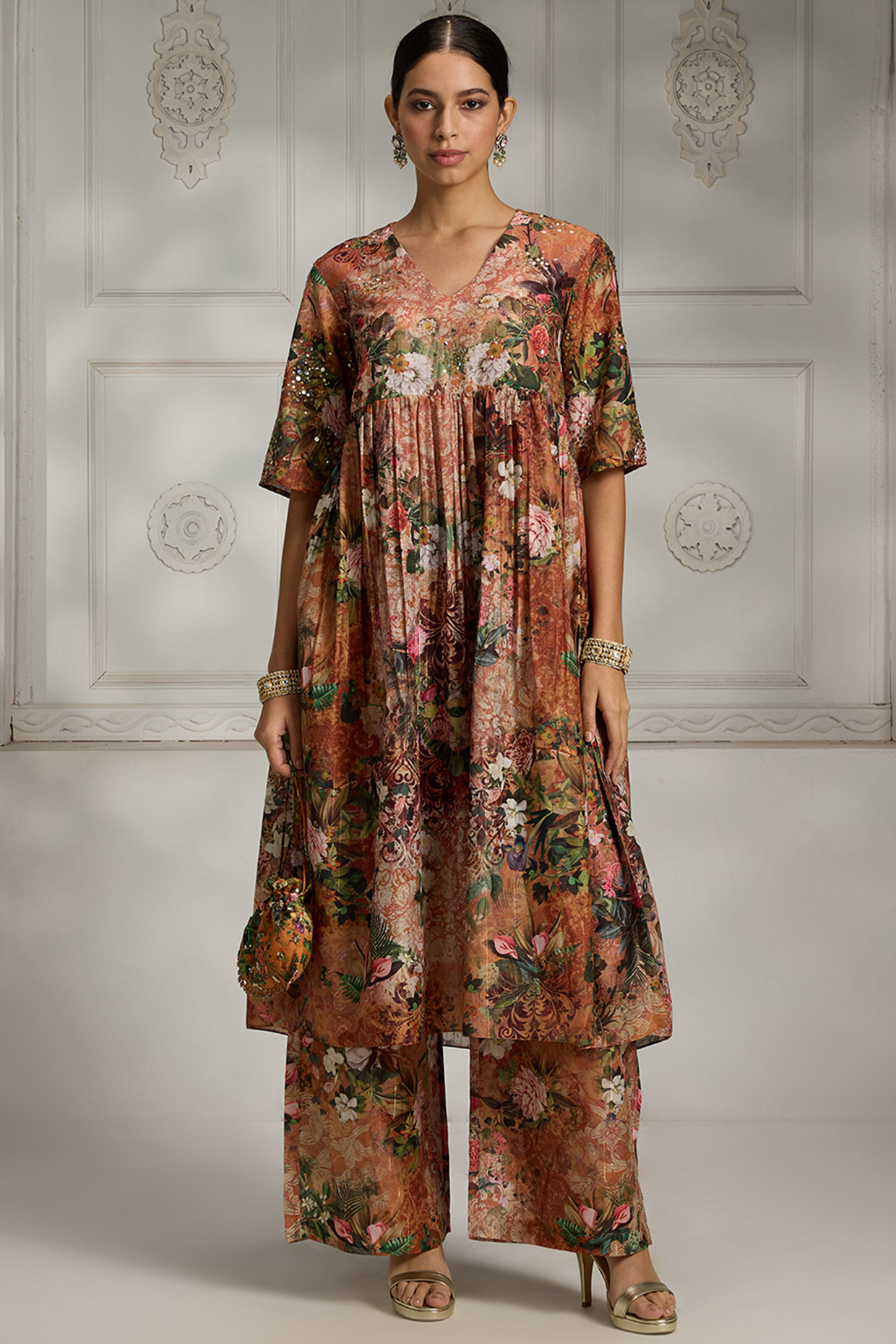 Rust Polyester Blend Botanical Printed Peplum Tunic Set by Rivaar by rocky star at Pernia's Pop Up Shop