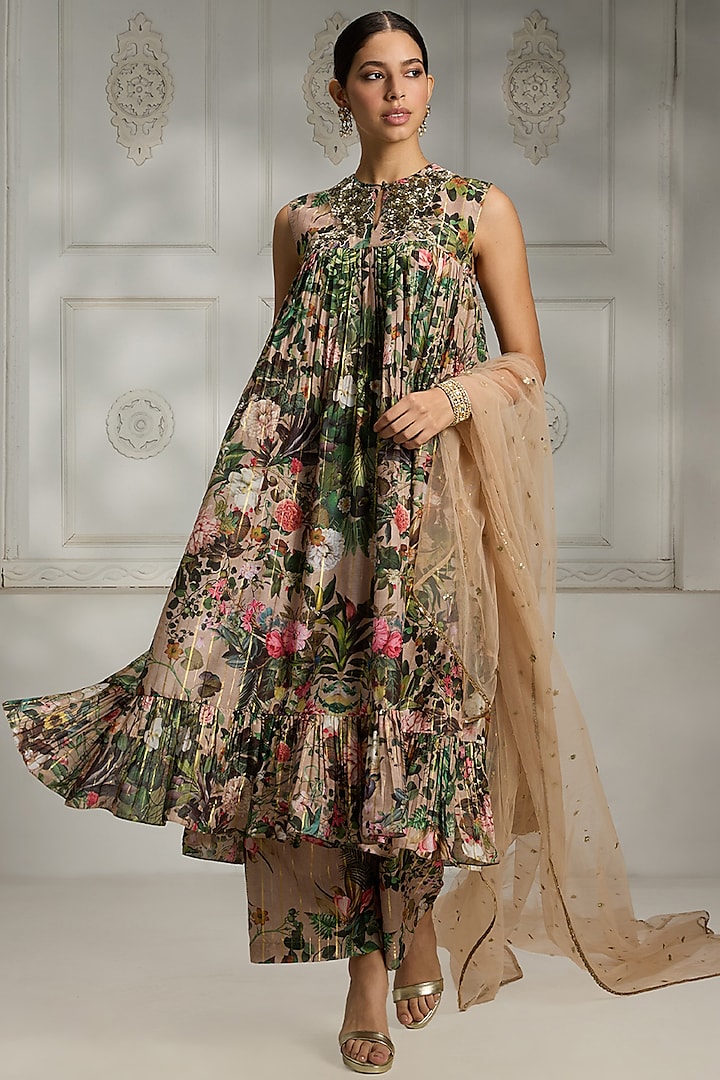 Beige Polyester Blend Floral Printed Peplum Tunic Set by Rivaar by rocky star at Pernia's Pop Up Shop