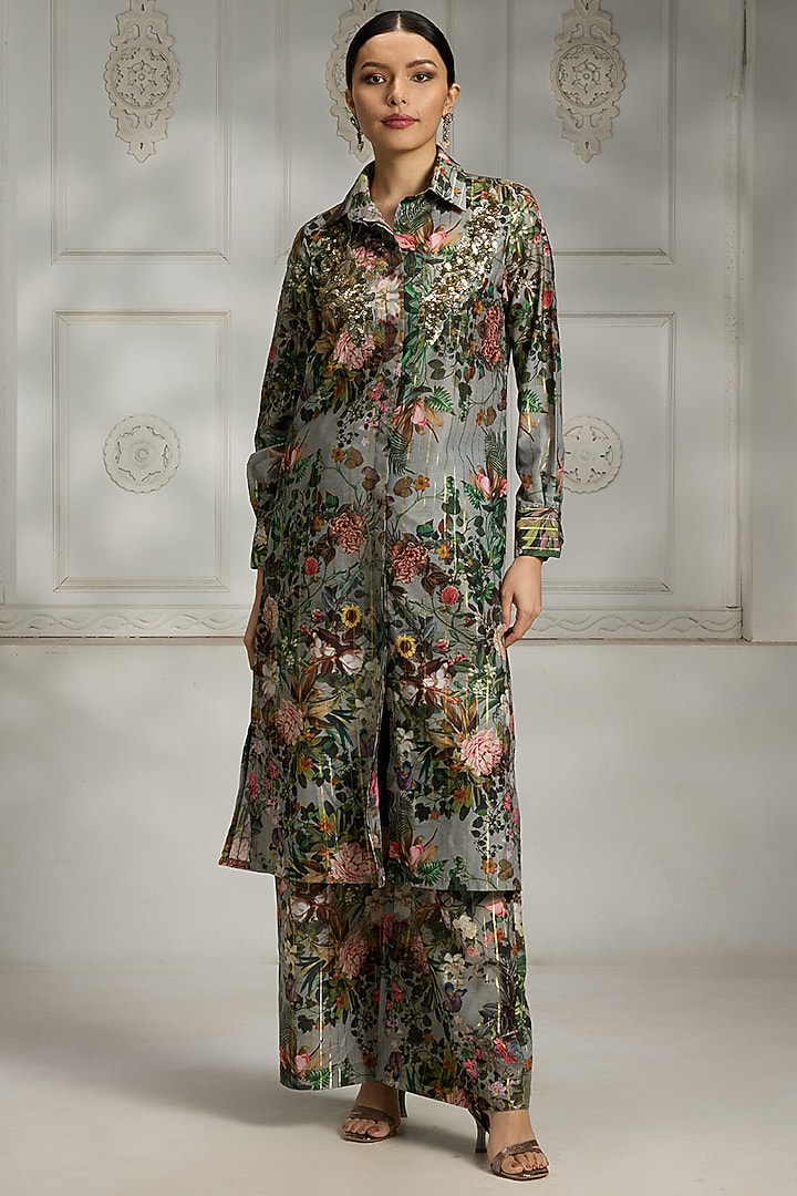 Blue Polyester Blend Floral Printed Shirt Tunic Set by Rivaar by rocky star at Pernia's Pop Up Shop